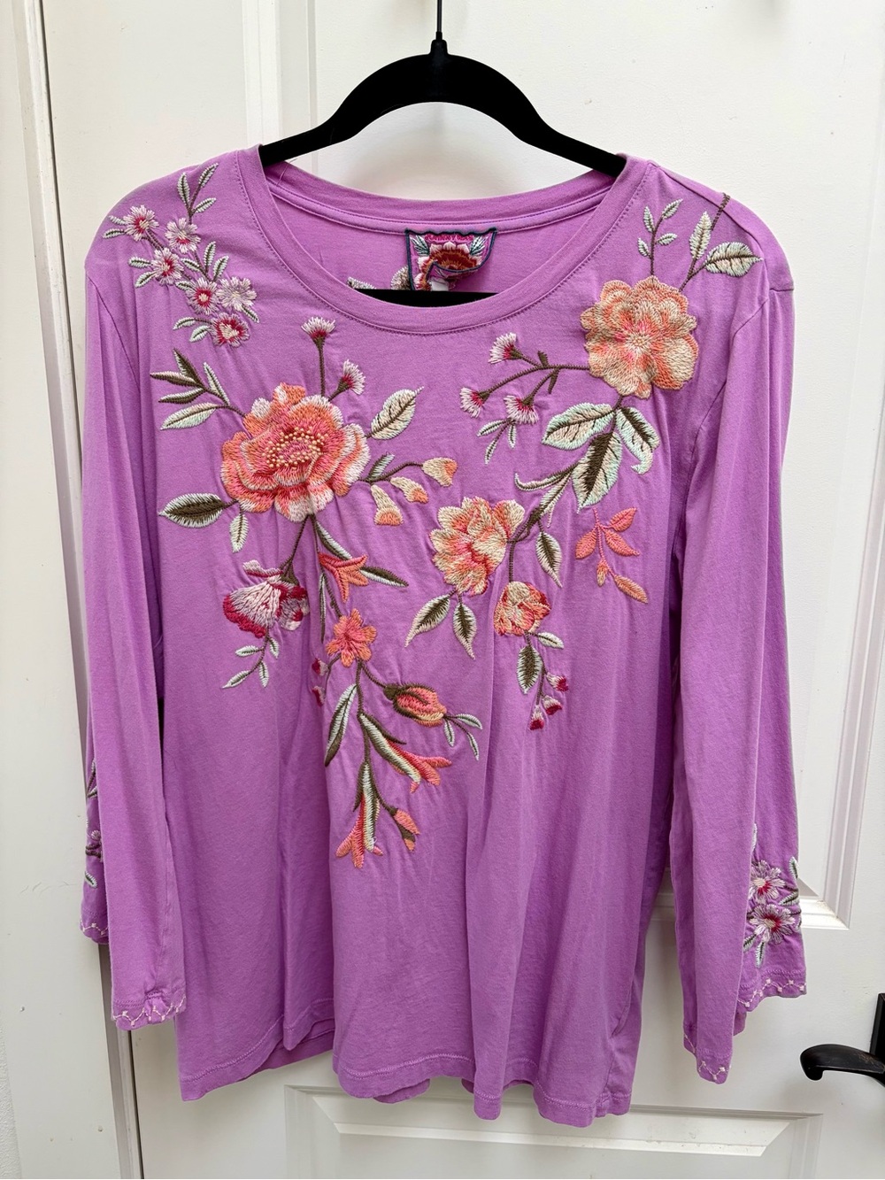 Johnny Was Embroidered Floral Long-Sleeve Top - pink coral